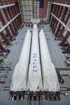 Falcon Heavy rocket in a hangar at Cape Canaveral